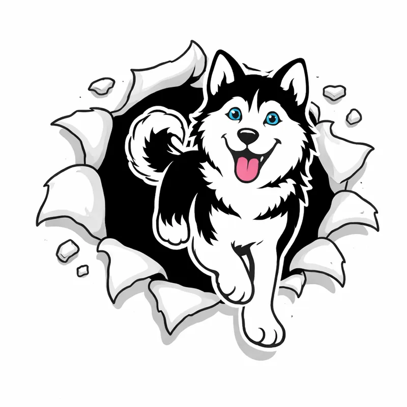 Happy husky dog bursting through paper.