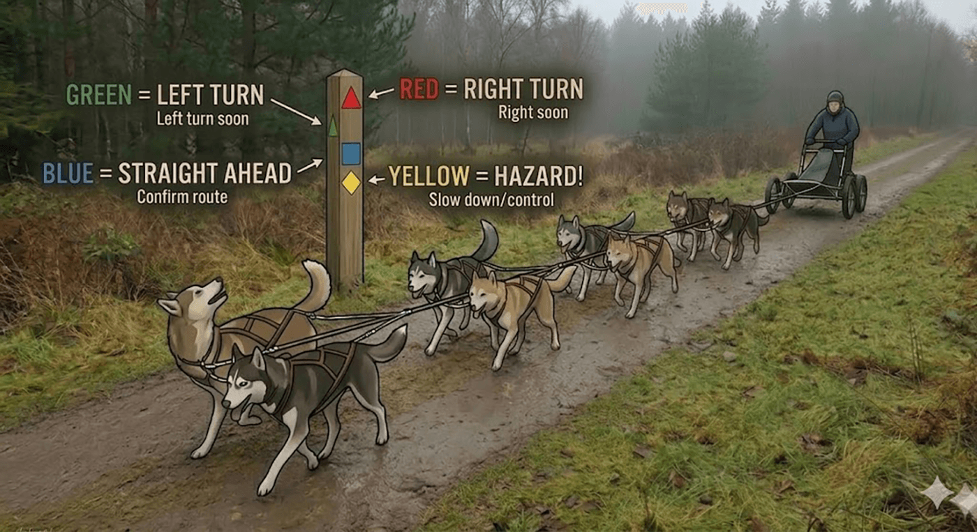 Dog sled signs on trail