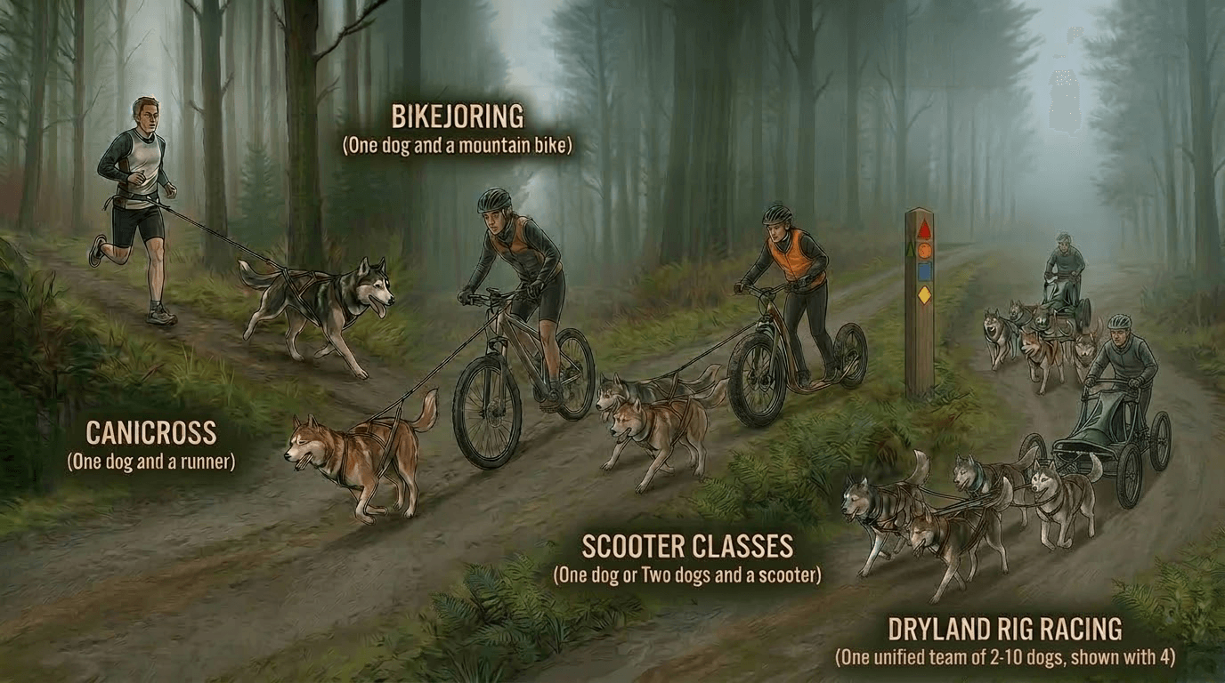 Dog sledding event types illustration