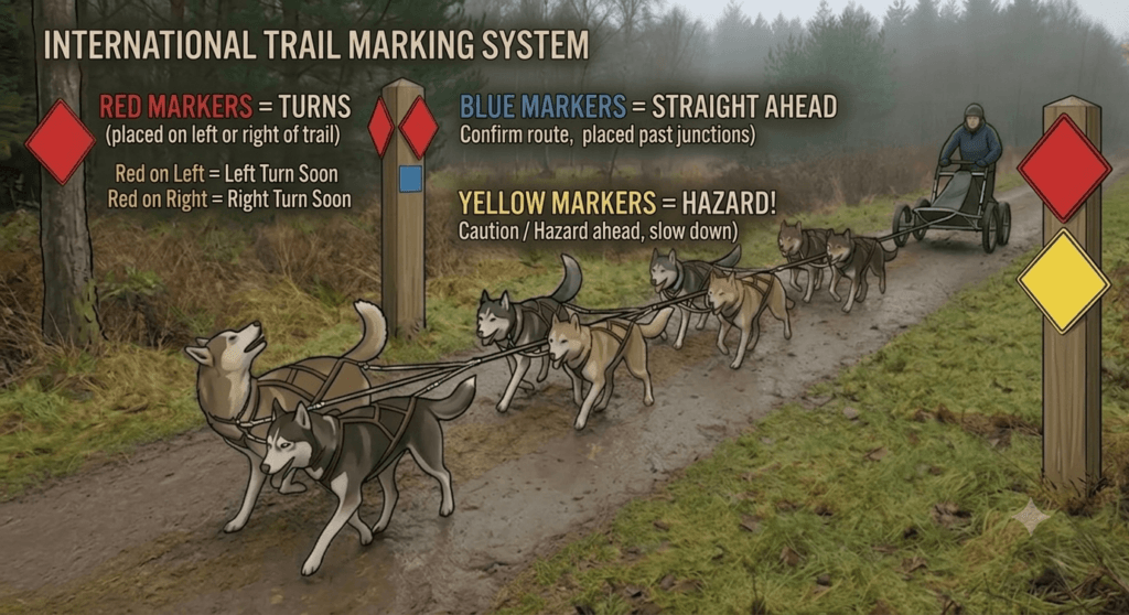 Trail marking system with sled dogs